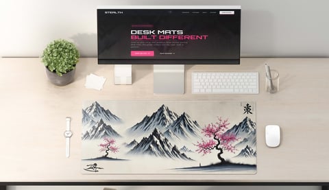 Workspace desk setup with mountain-themed mousepad, monitor displaying desk mats website, keyboard, potted plant, and accessories